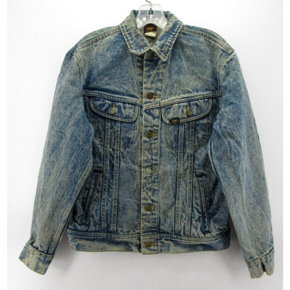VINTAGE Lee Jacket Small Trucker Acid Wash Moto Denim Button Down 80s *